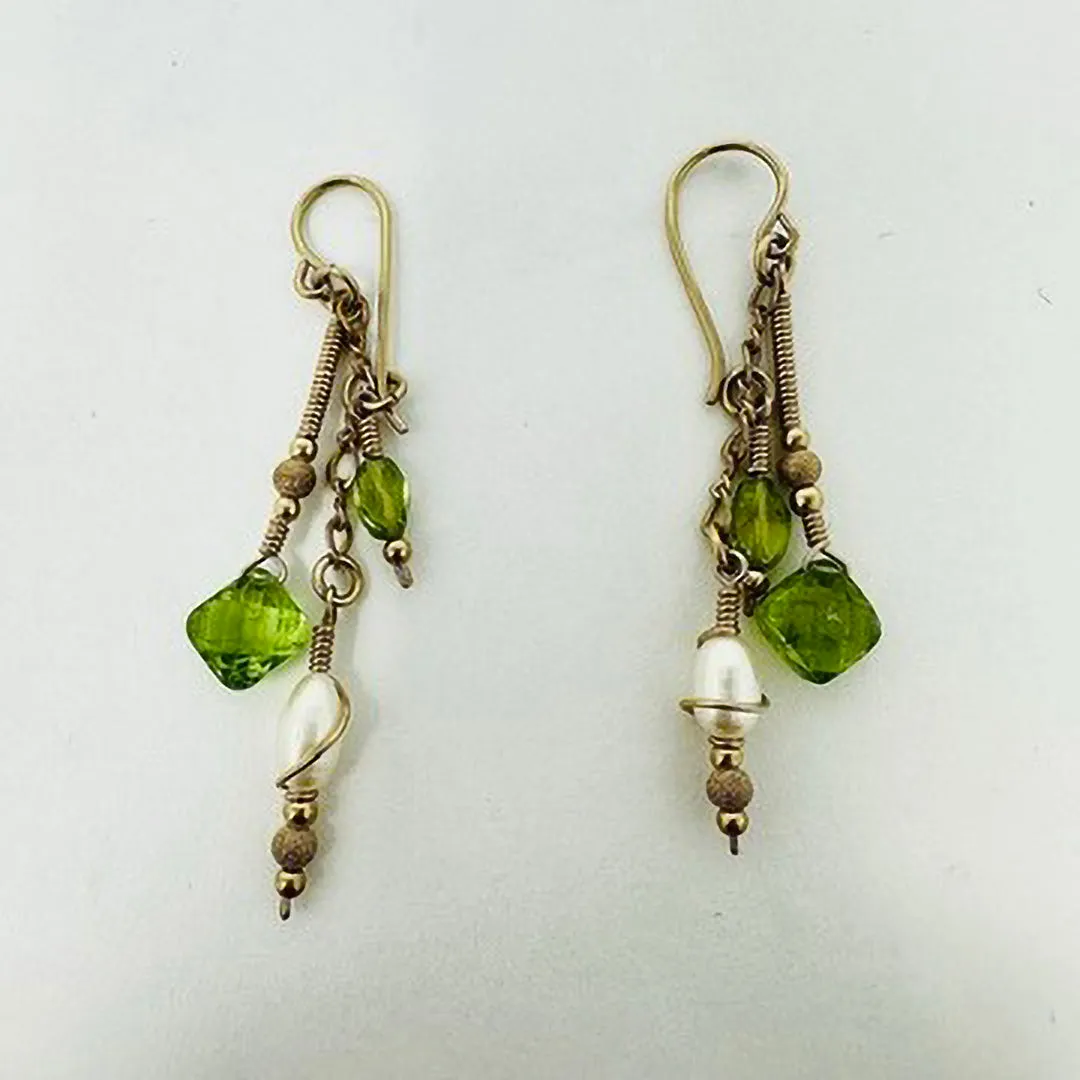 14K Gold Necklace with Peridot and Pearl with Matching Earrings