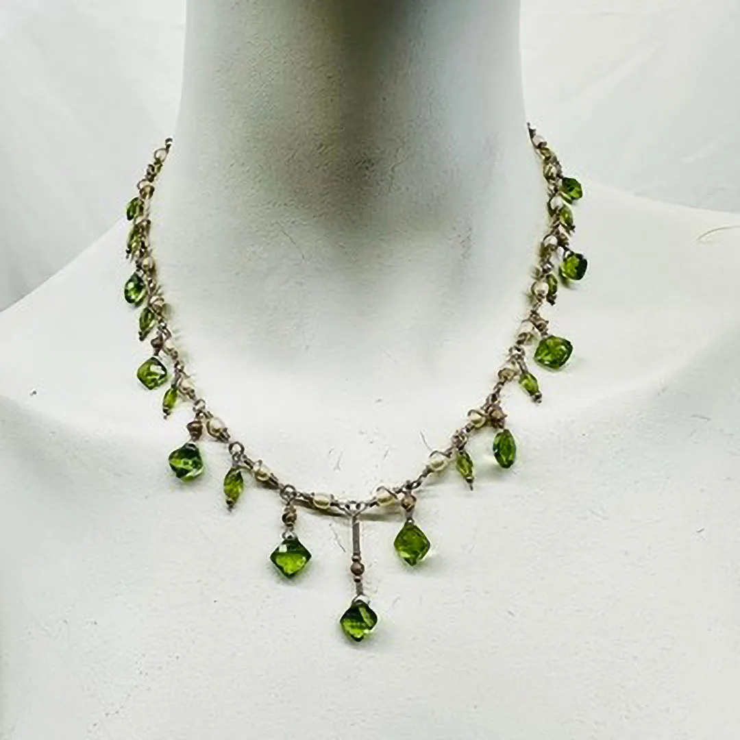 14K Gold Necklace with Peridot and Pearl with Matching Earrings