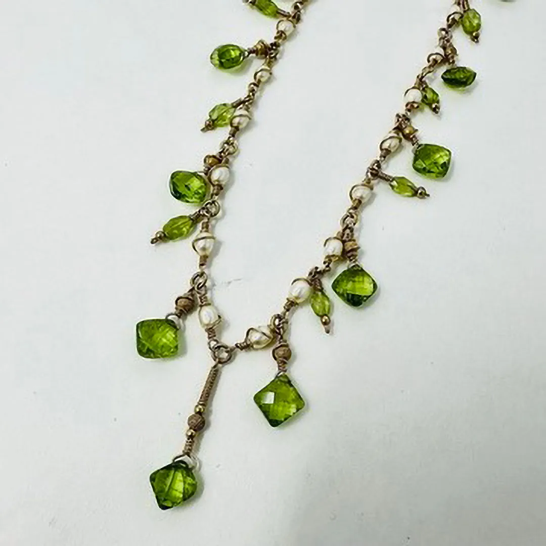 14K Gold Necklace with Peridot and Pearl with Matching Earrings