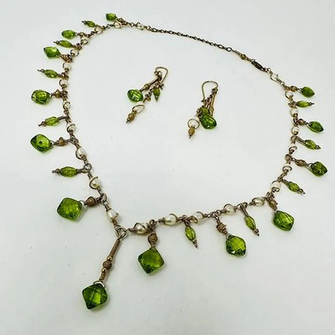 14K Gold Necklace with Peridot and Pearl with Matching Earrings