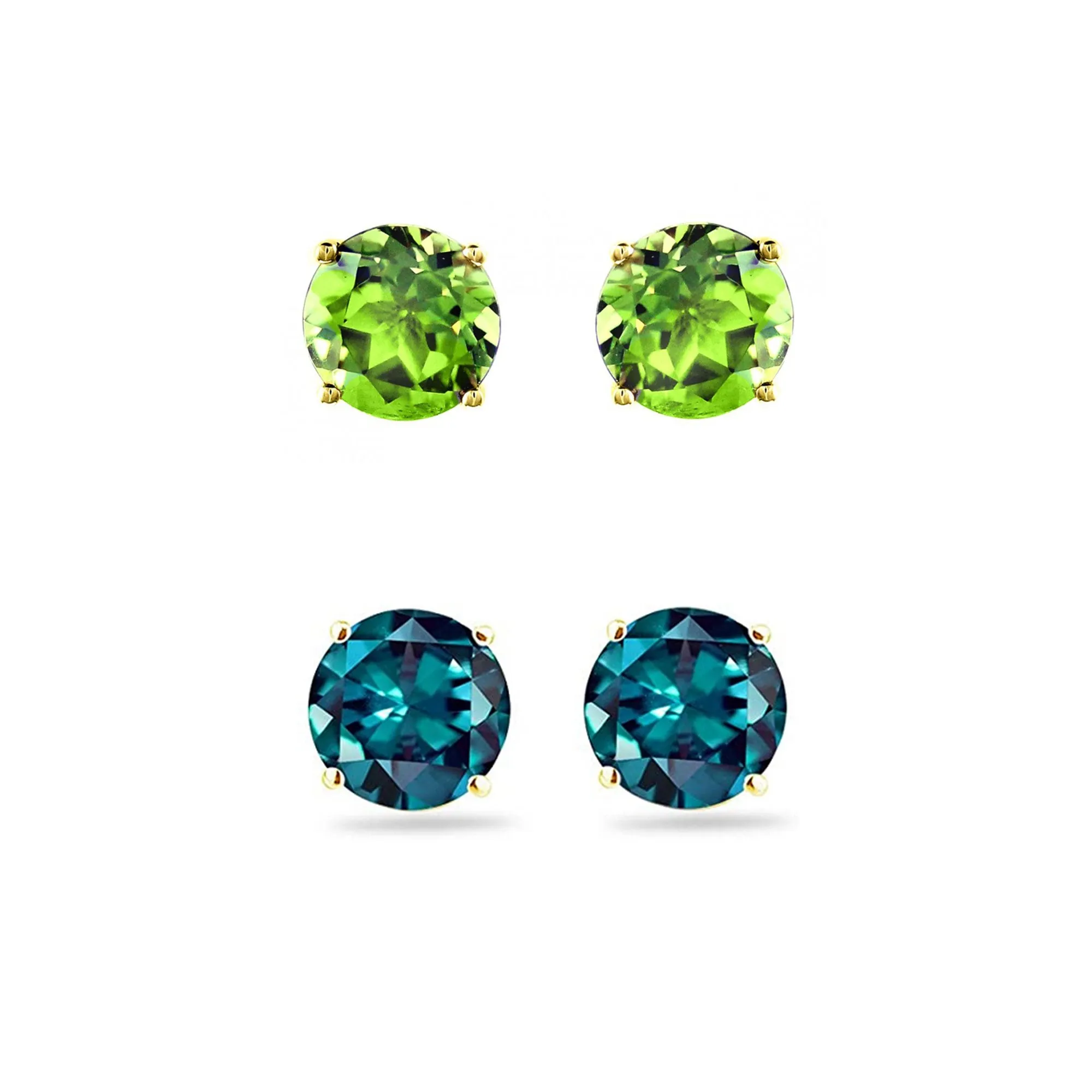 14k Yellow Gold Plated 2Ct Created Peridot and Alexandrite 2 Pair Round Stud Earrings