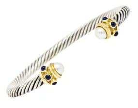 1990's David Yurman Sapphire Pearl 14 Karat Gold Sterling Silver Renaissance Cuff Bracelet
