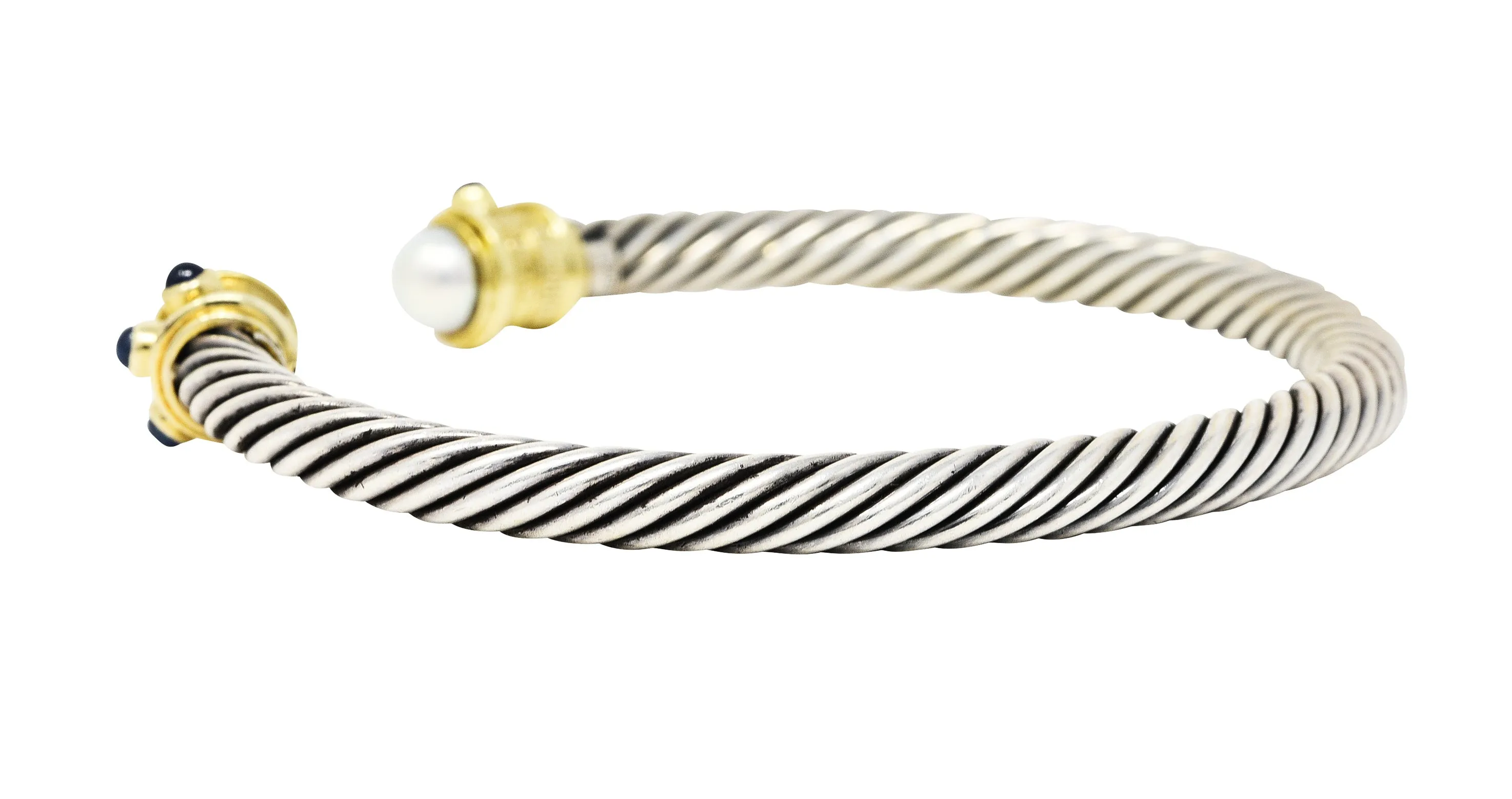 1990's David Yurman Sapphire Pearl 14 Karat Gold Sterling Silver Renaissance Cuff Bracelet