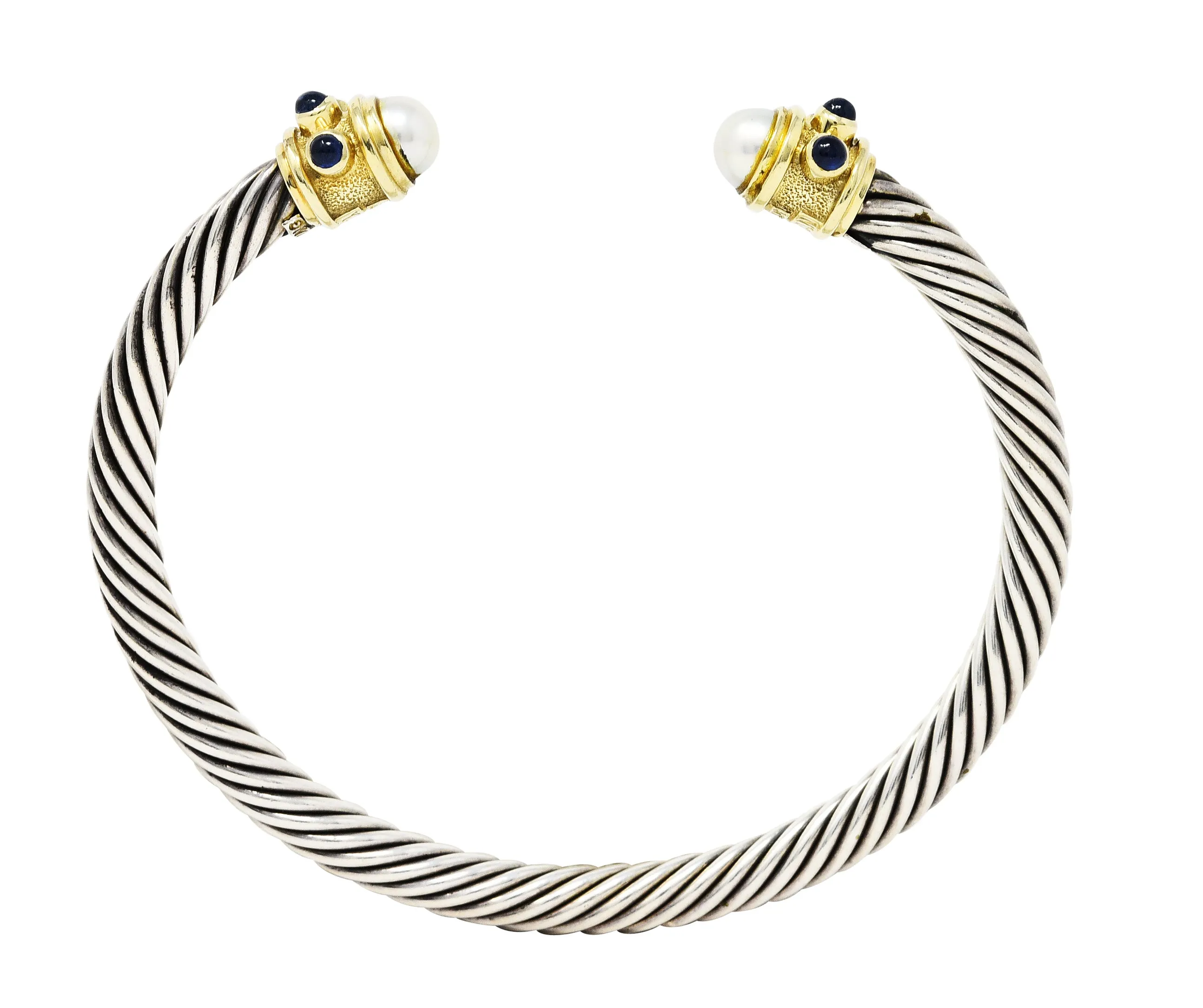 1990's David Yurman Sapphire Pearl 14 Karat Gold Sterling Silver Renaissance Cuff Bracelet