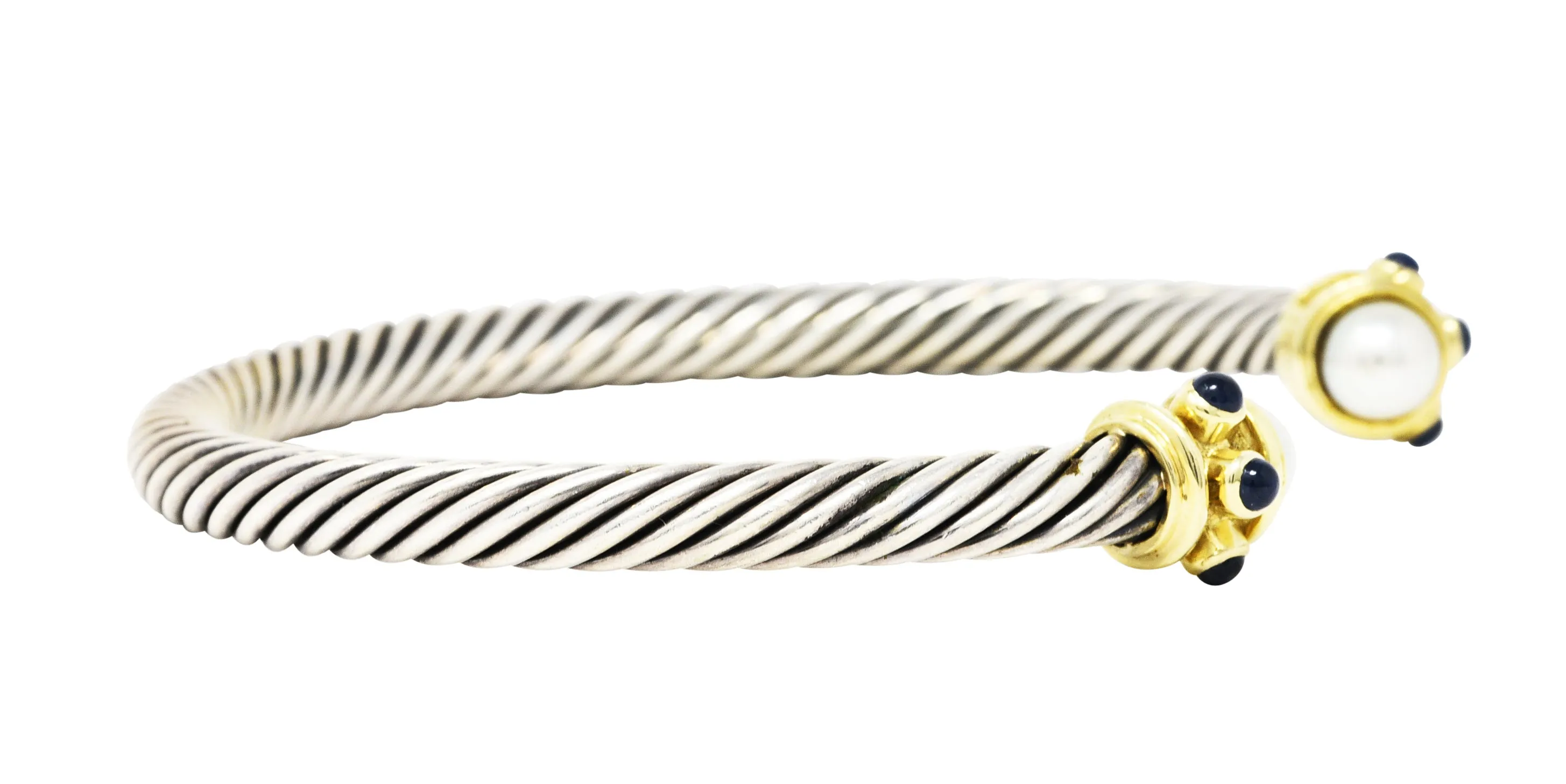 1990's David Yurman Sapphire Pearl 14 Karat Gold Sterling Silver Renaissance Cuff Bracelet