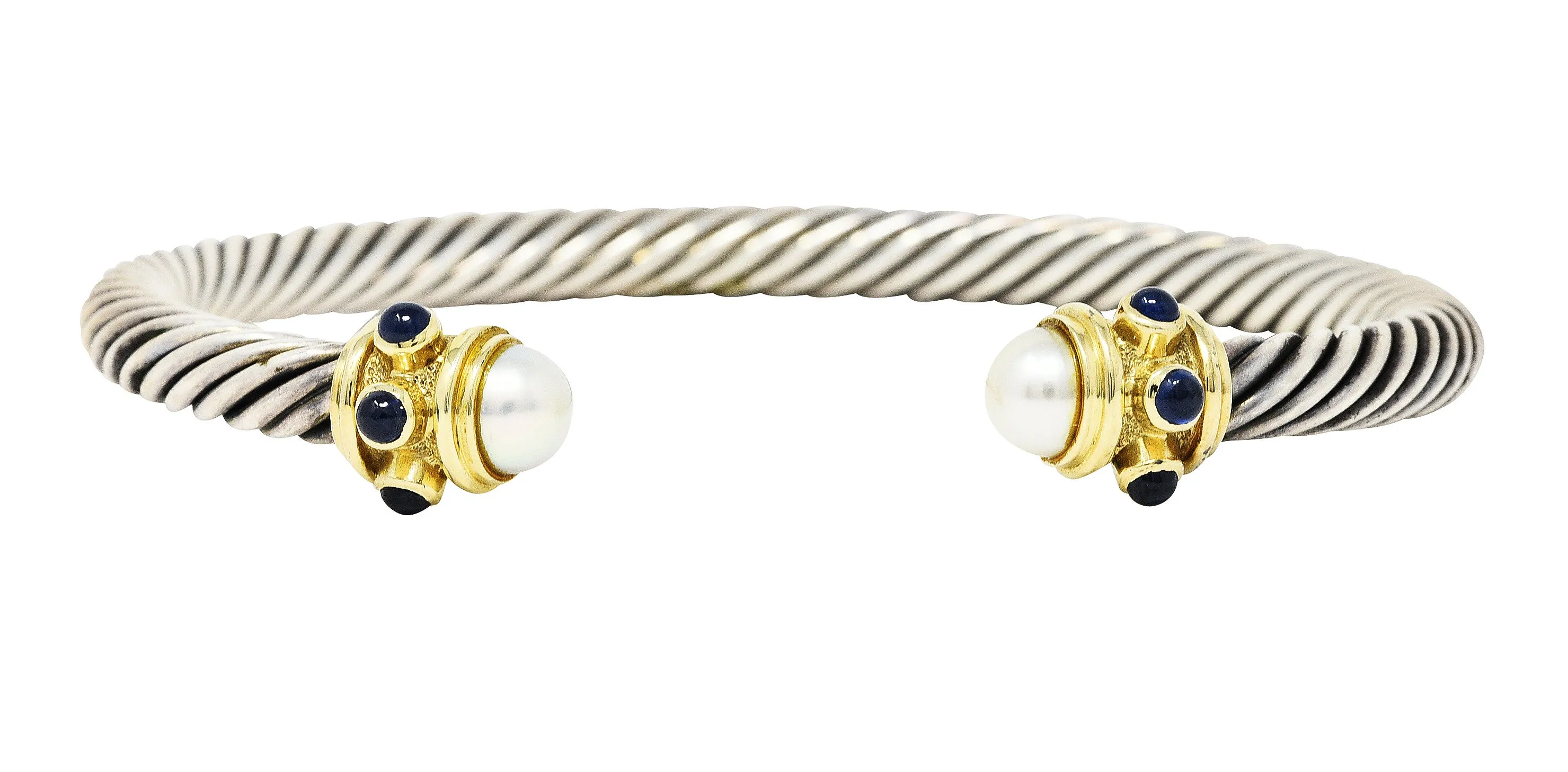 1990's David Yurman Sapphire Pearl 14 Karat Gold Sterling Silver Renaissance Cuff Bracelet