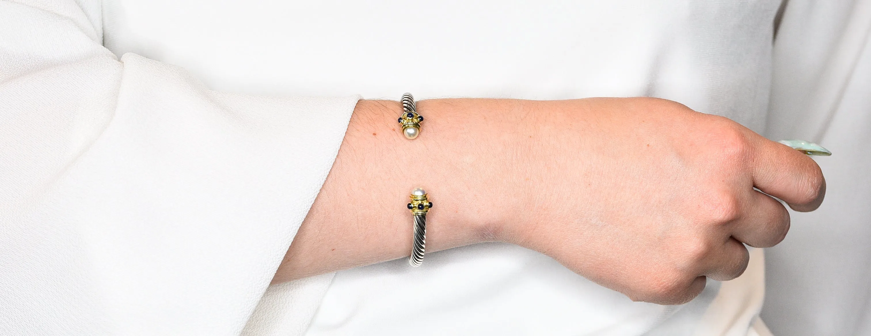 1990's David Yurman Sapphire Pearl 14 Karat Gold Sterling Silver Renaissance Cuff Bracelet