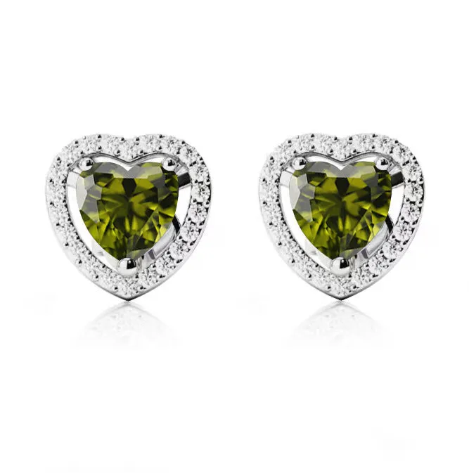 24k White Gold Plated 1/2 Ct Created Halo Heart Peridot Stud Earrings