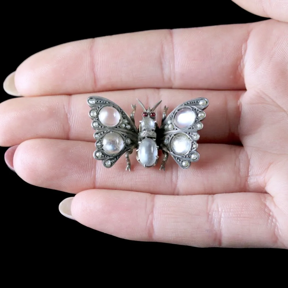 Antique Victorian Moonstone Pearl Garnet Butterfly Brooch Circa 1880
