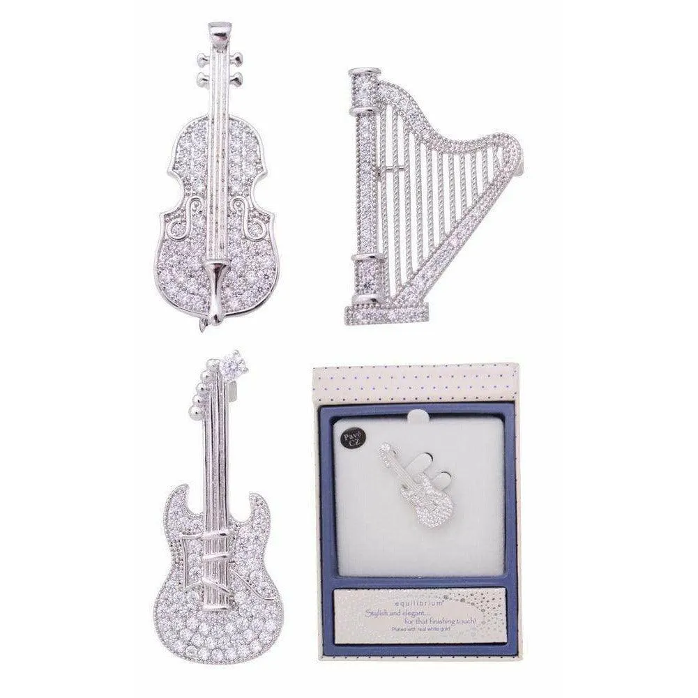 Equilibrium Music Instruments Brooch / Pin - Silver with Crystals Electric Guitar, Cello or Harp