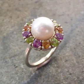 Flower Pearl Ring - Colorful Flower Ring - Vintage Cocktail Ring