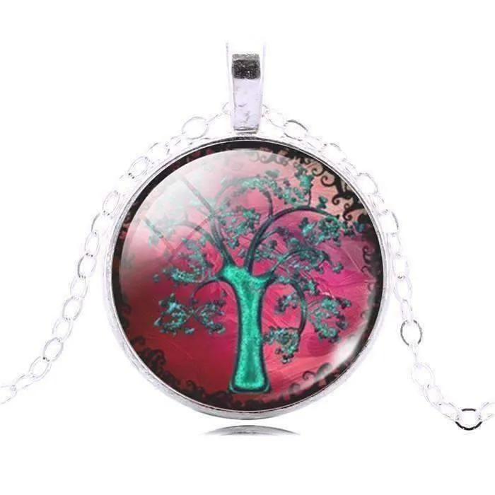 Glass Cabochon Medallion Necklace - Aqua Tree