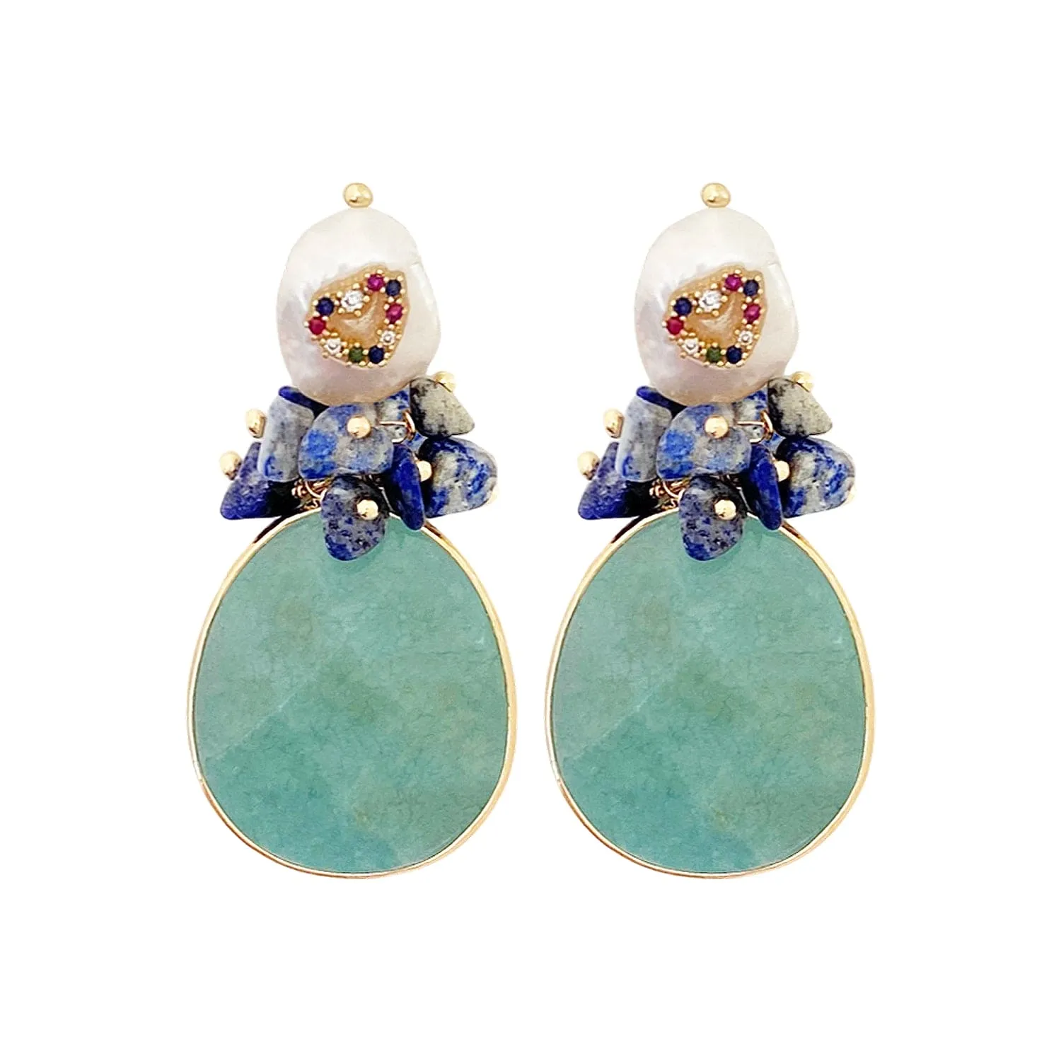 Gold Plated Earrings w/ Freshwater Pearls w/ Lapiz Lazuli & Quartz