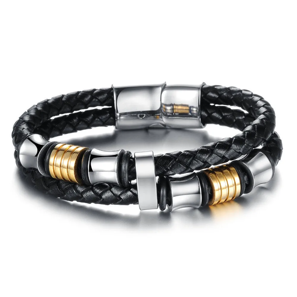 Leather Bracelet,High Quality Punk Double Layer Cowhide Bracelet,Rock Styel,Magnetic buckle
