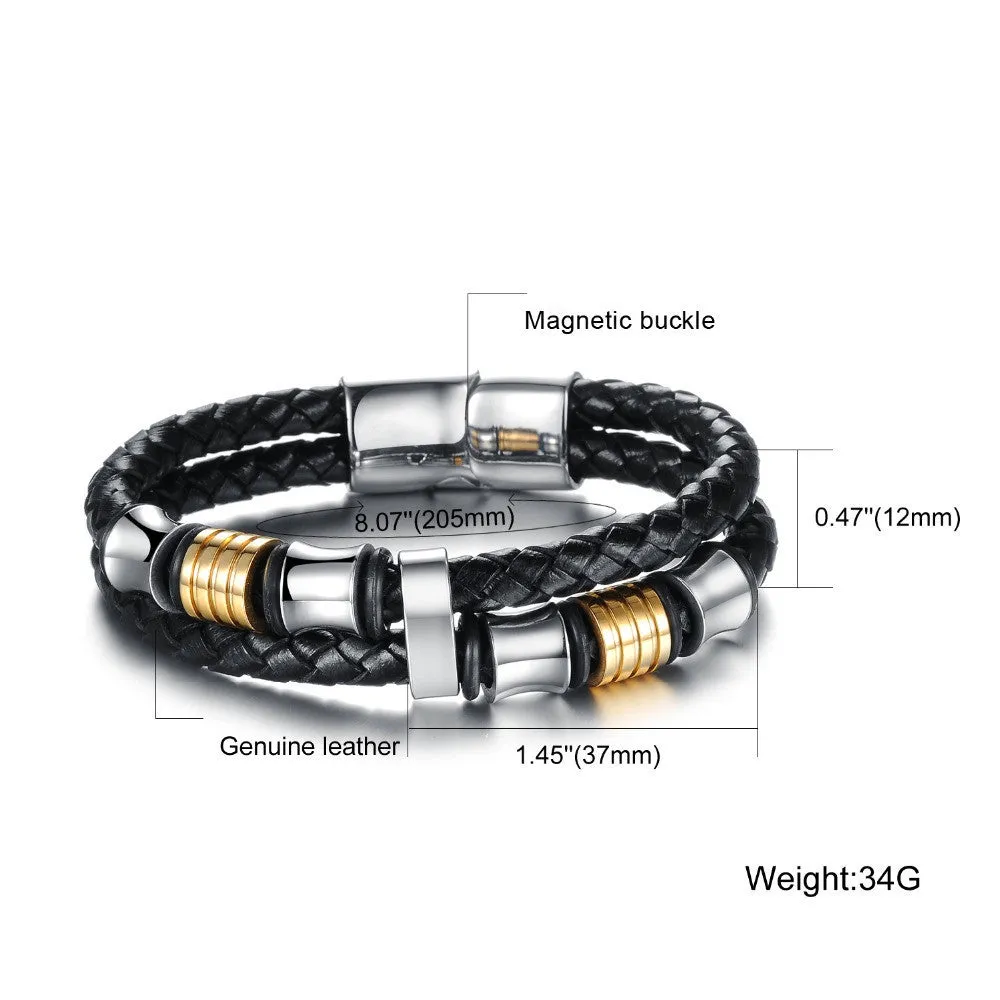 Leather Bracelet,High Quality Punk Double Layer Cowhide Bracelet,Rock Styel,Magnetic buckle