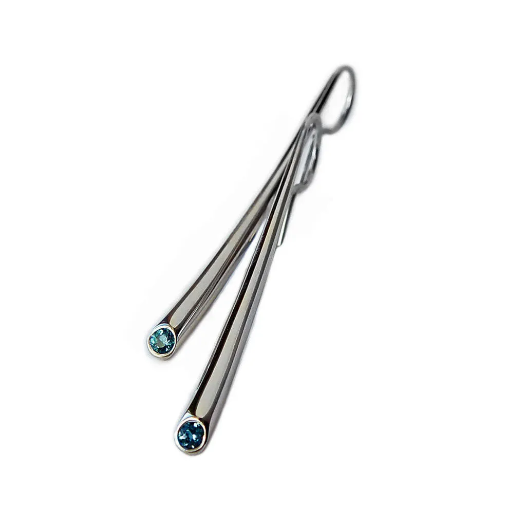 Long Silver Wiggly Drop Earrings with Blue Topaz