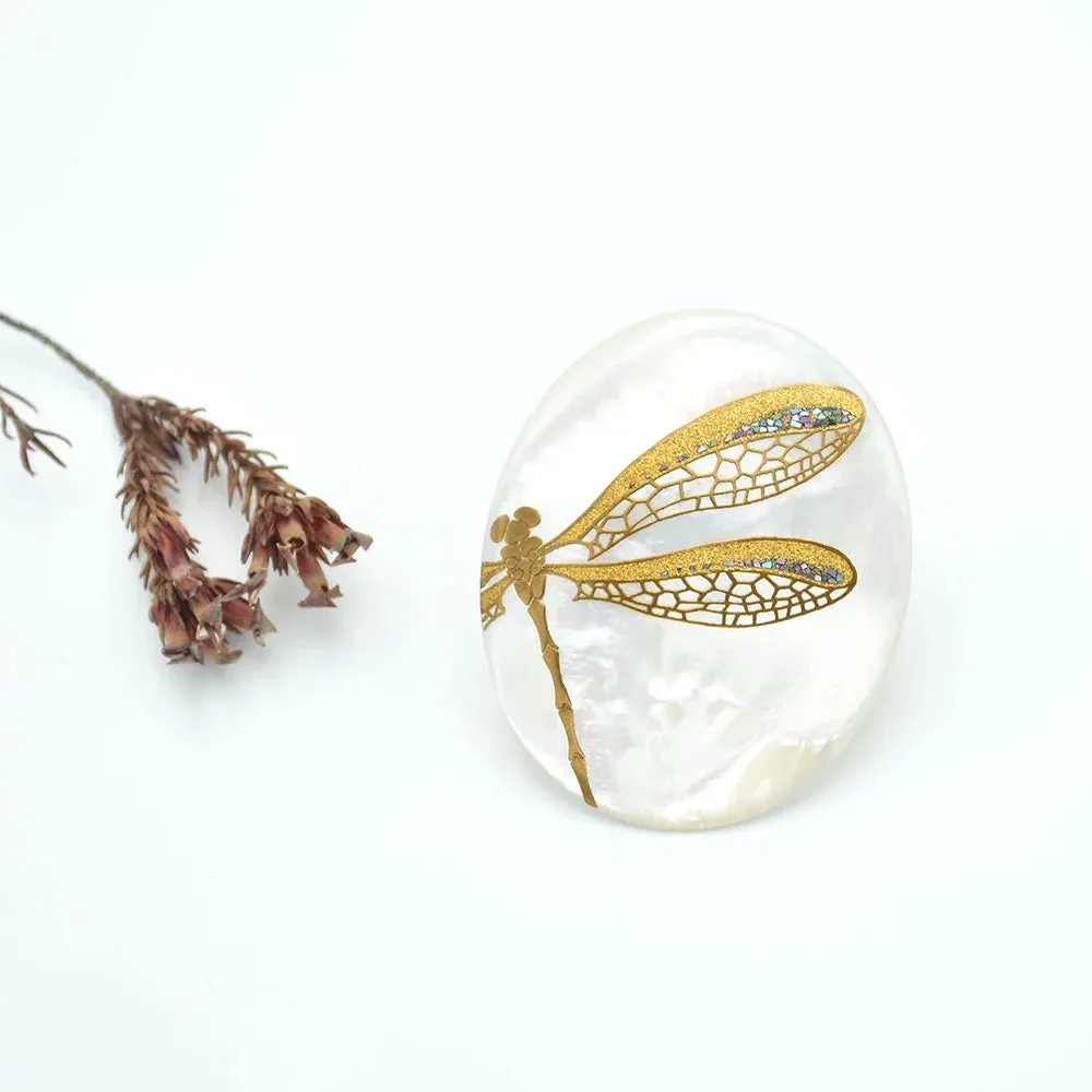 Maki-e Urushi Lacquer Brooch - White South Sea Pearl Shell / Dragonfly -, Traditional Japanese Urushi Lacquer Jewelry