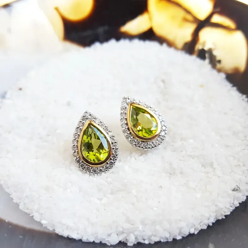 Natural Pear Cut Peridot Halo Statement Studs For Women - 925 Sterling Silver Earrings