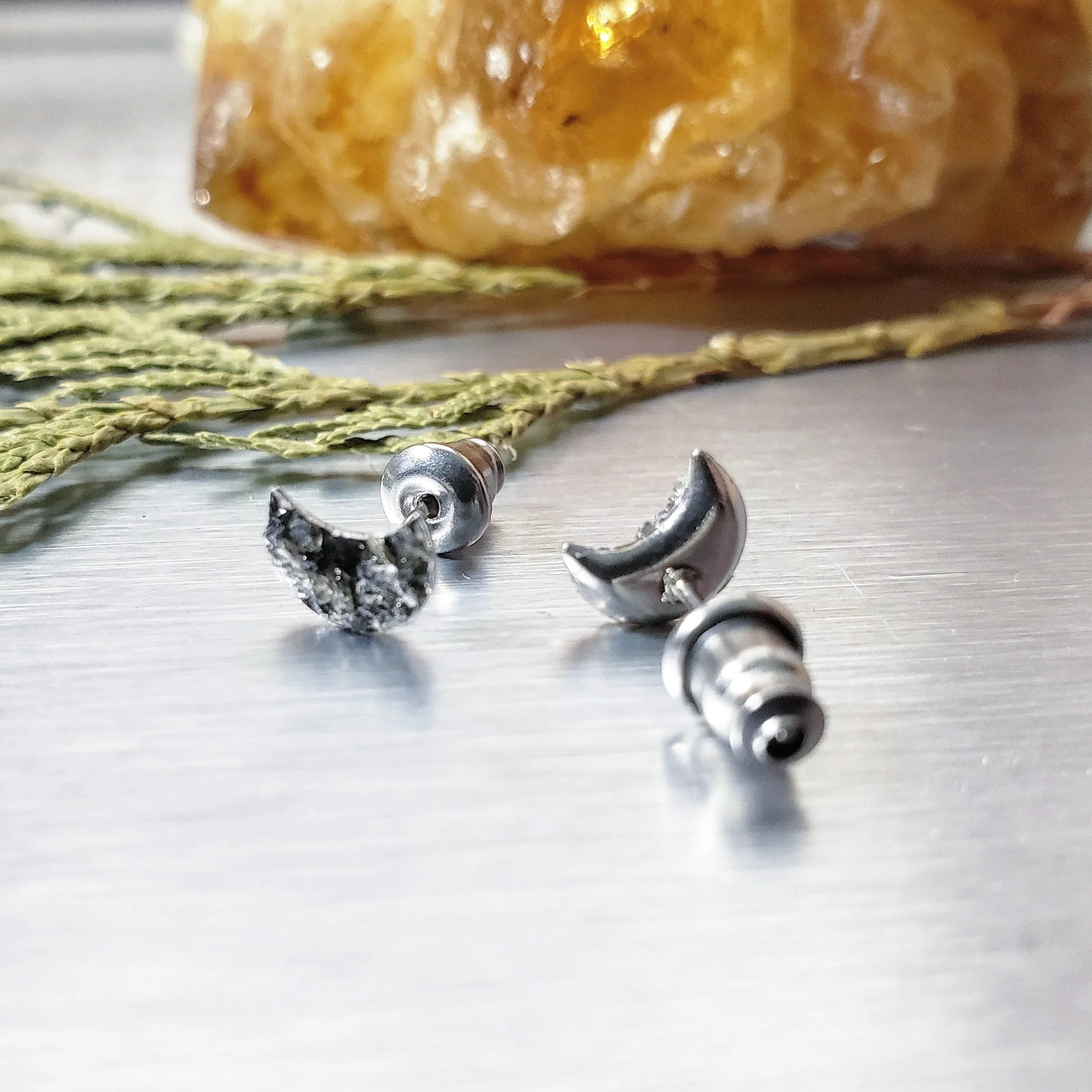 Obsidian moon stud earrings