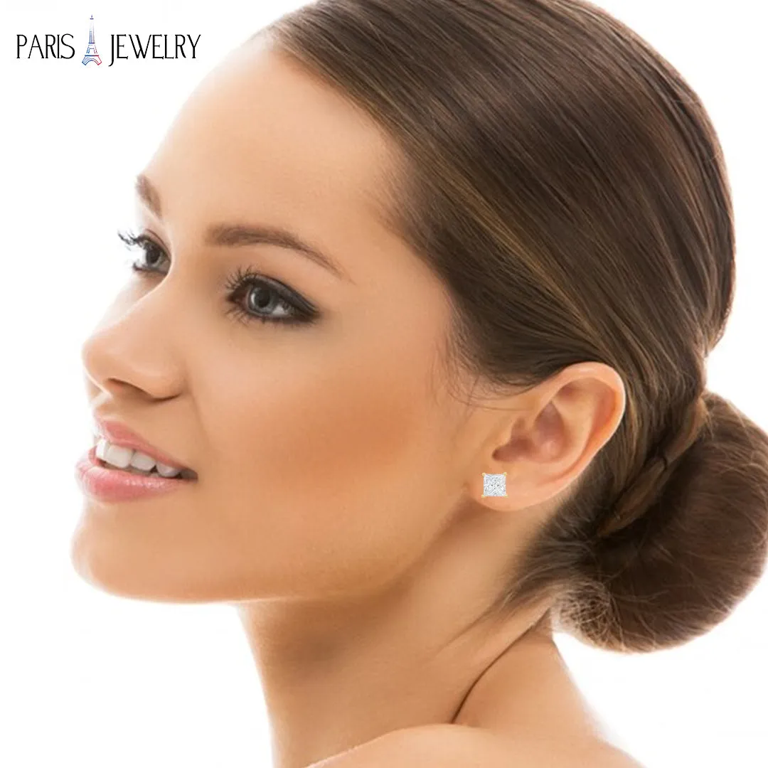 Paris Jewelry 14K Yellow Gold 2 Carat Princess Created Diamond Solitaire Stud Earrings