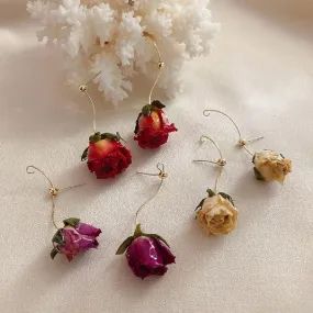 Preserved Rose Bud Raindrop Flower Drop Stud Earrings Kawaii Academia Y2K Cottagecore Coquette Fairycore Dollette Princesscore