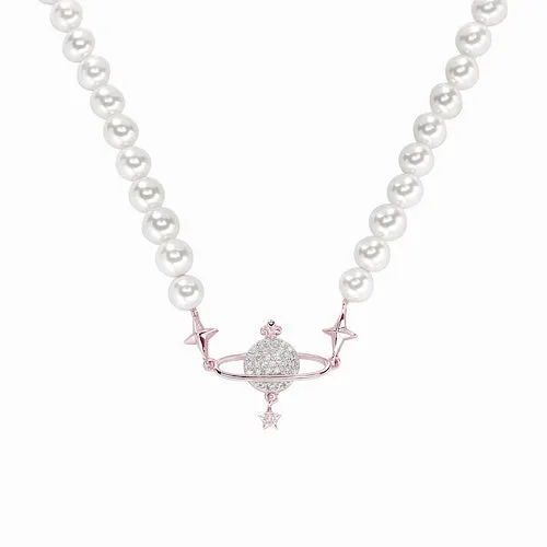 Silver or gold plated Freshwater Pearl Saturn CZ Necklace