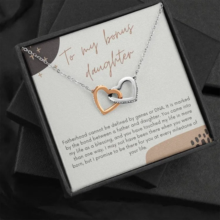 To My Bonus Daughter Necklace, Gift From Stepdad to Stepdaughter, Birthday Gift, Christmas Gift - Interlocking Heart Necklace