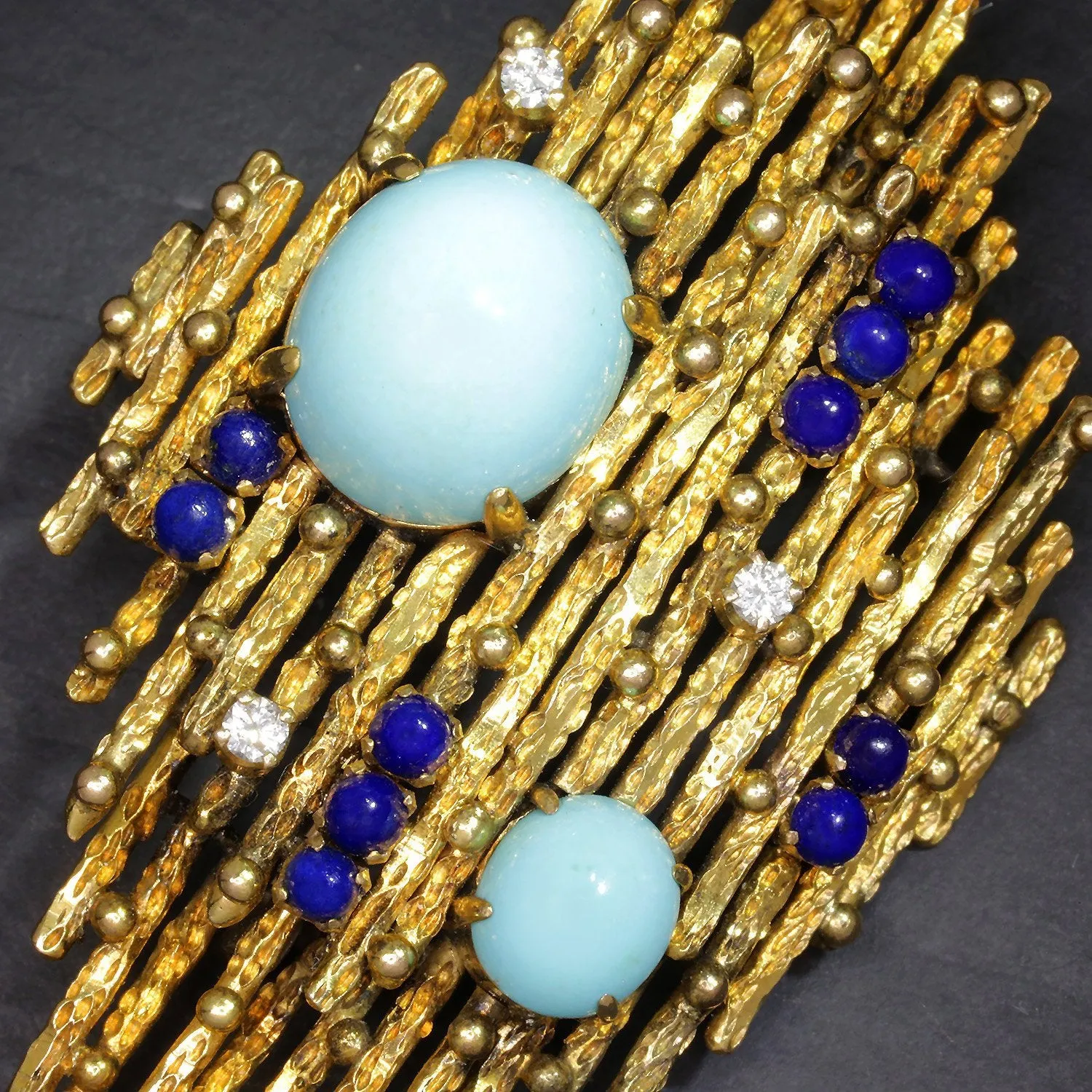 Vintage Turquoise & Lapis Brooch with Diamonds 14K Yellow Gold
