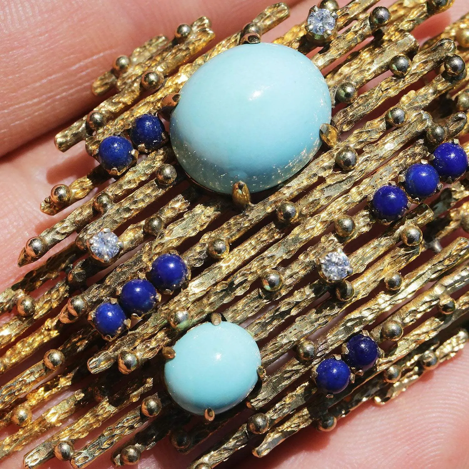 Vintage Turquoise & Lapis Brooch with Diamonds 14K Yellow Gold