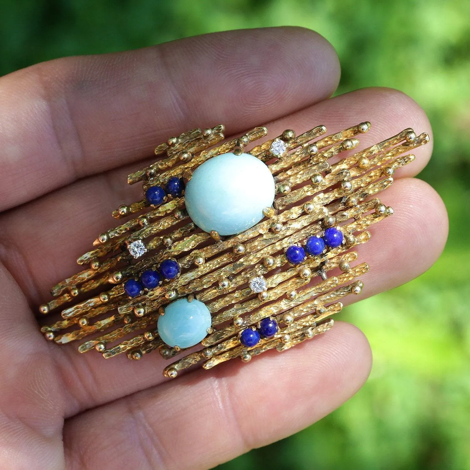 Vintage Turquoise & Lapis Brooch with Diamonds 14K Yellow Gold