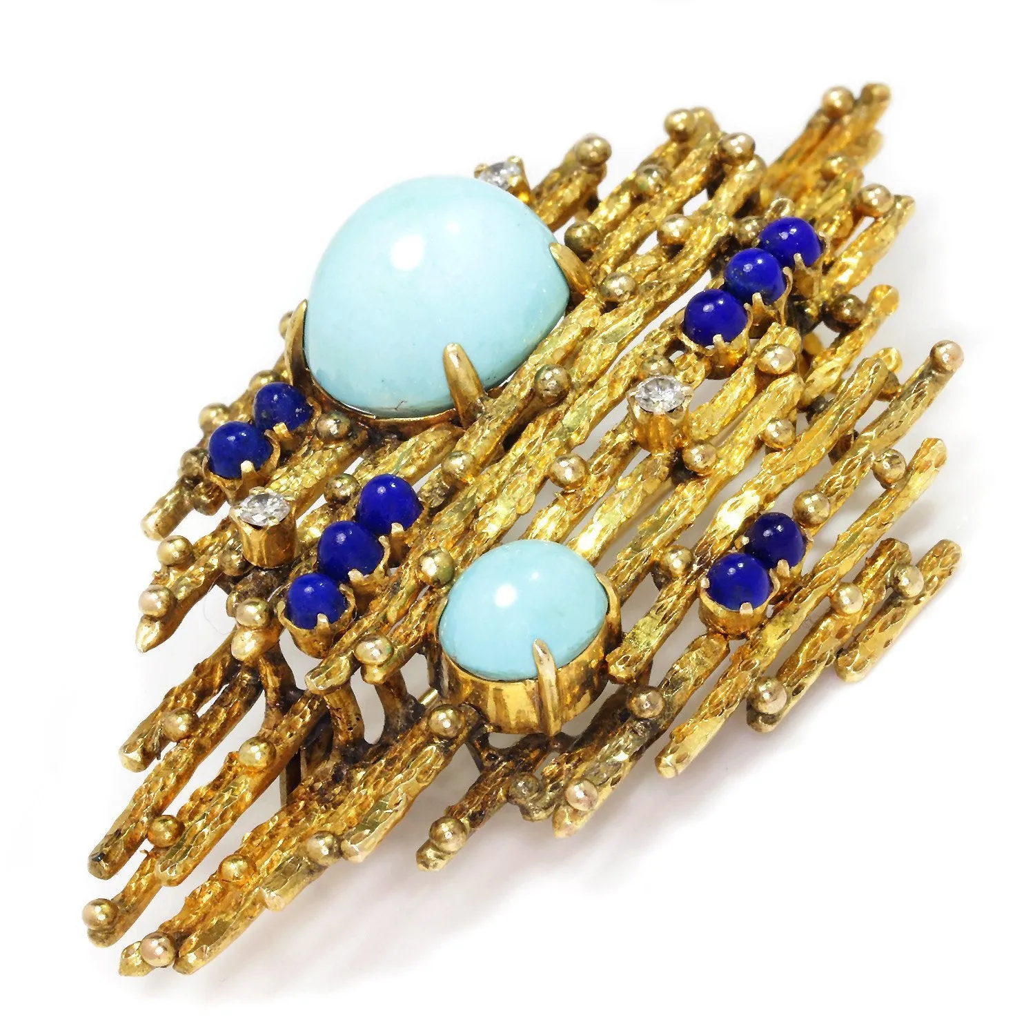 Vintage Turquoise & Lapis Brooch with Diamonds 14K Yellow Gold