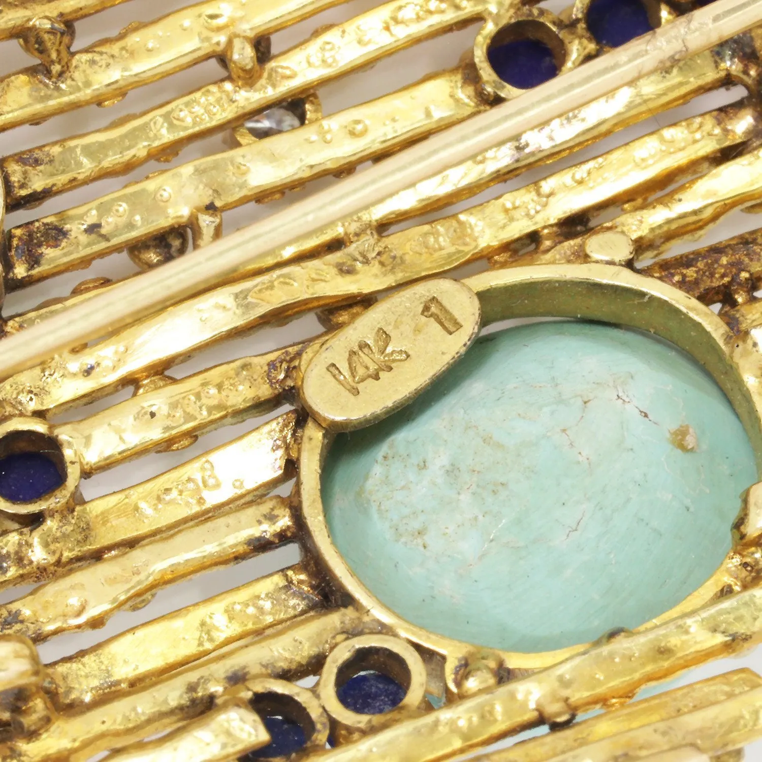 Vintage Turquoise & Lapis Brooch with Diamonds 14K Yellow Gold