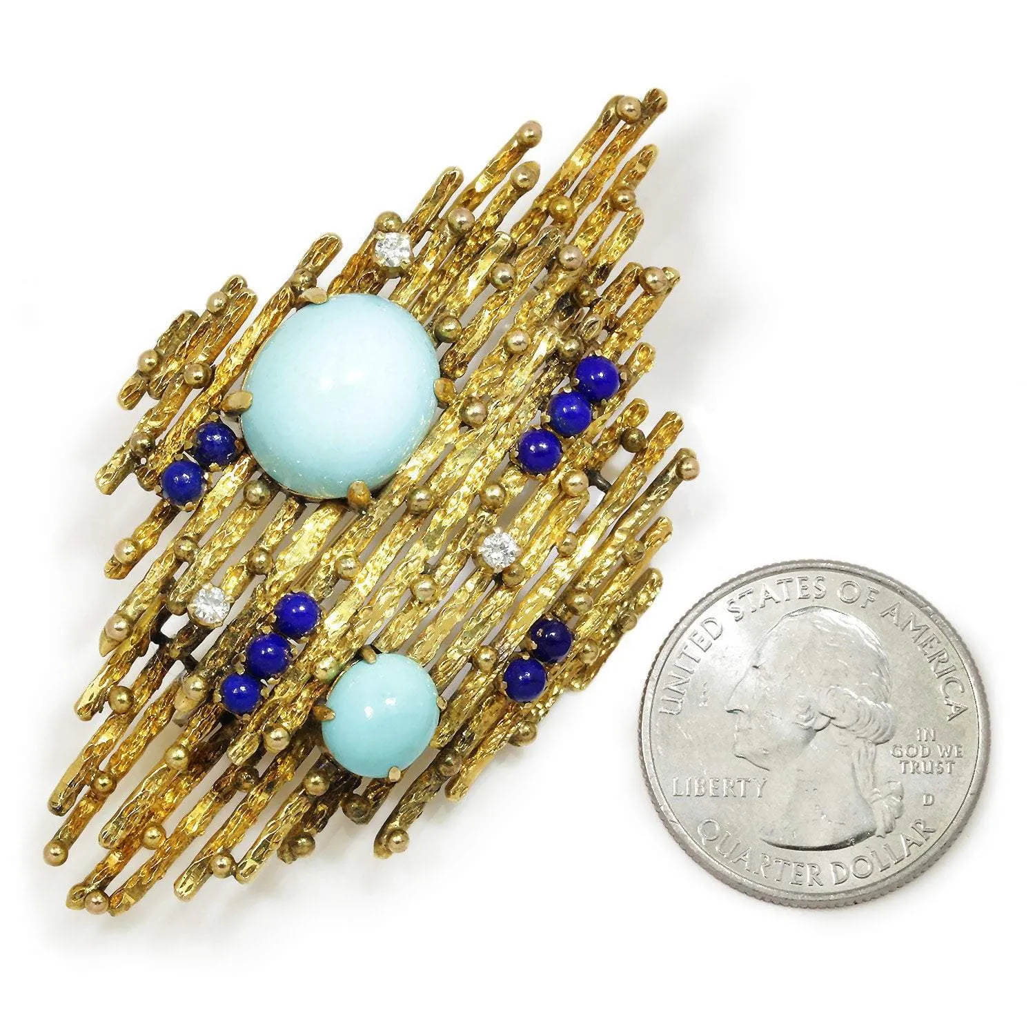 Vintage Turquoise & Lapis Brooch with Diamonds 14K Yellow Gold