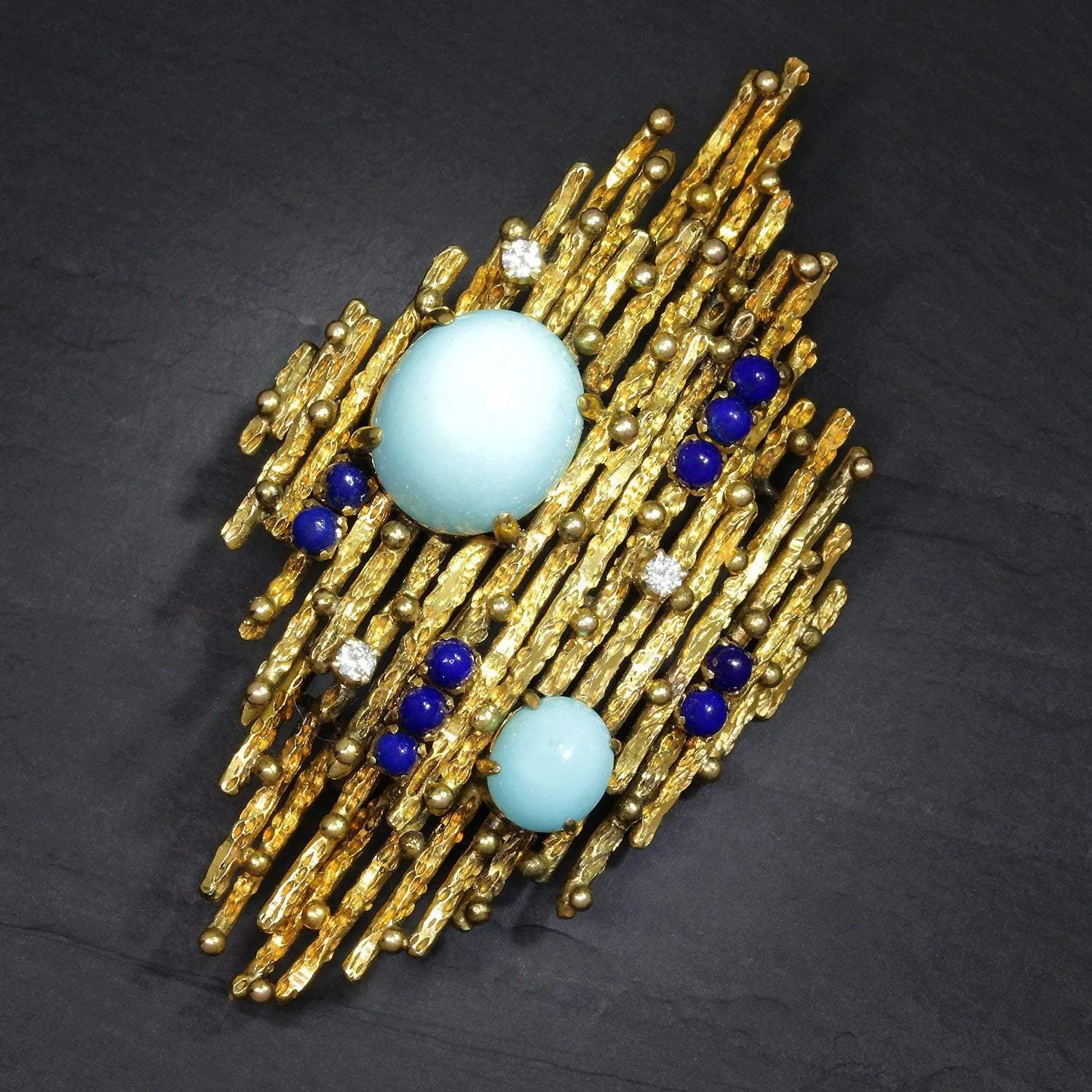 Vintage Turquoise & Lapis Brooch with Diamonds 14K Yellow Gold