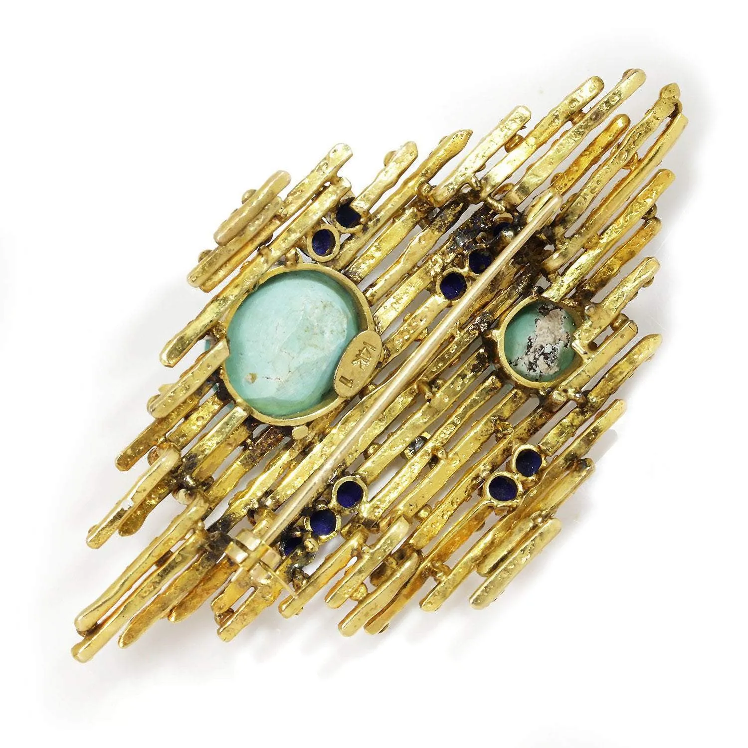 Vintage Turquoise & Lapis Brooch with Diamonds 14K Yellow Gold