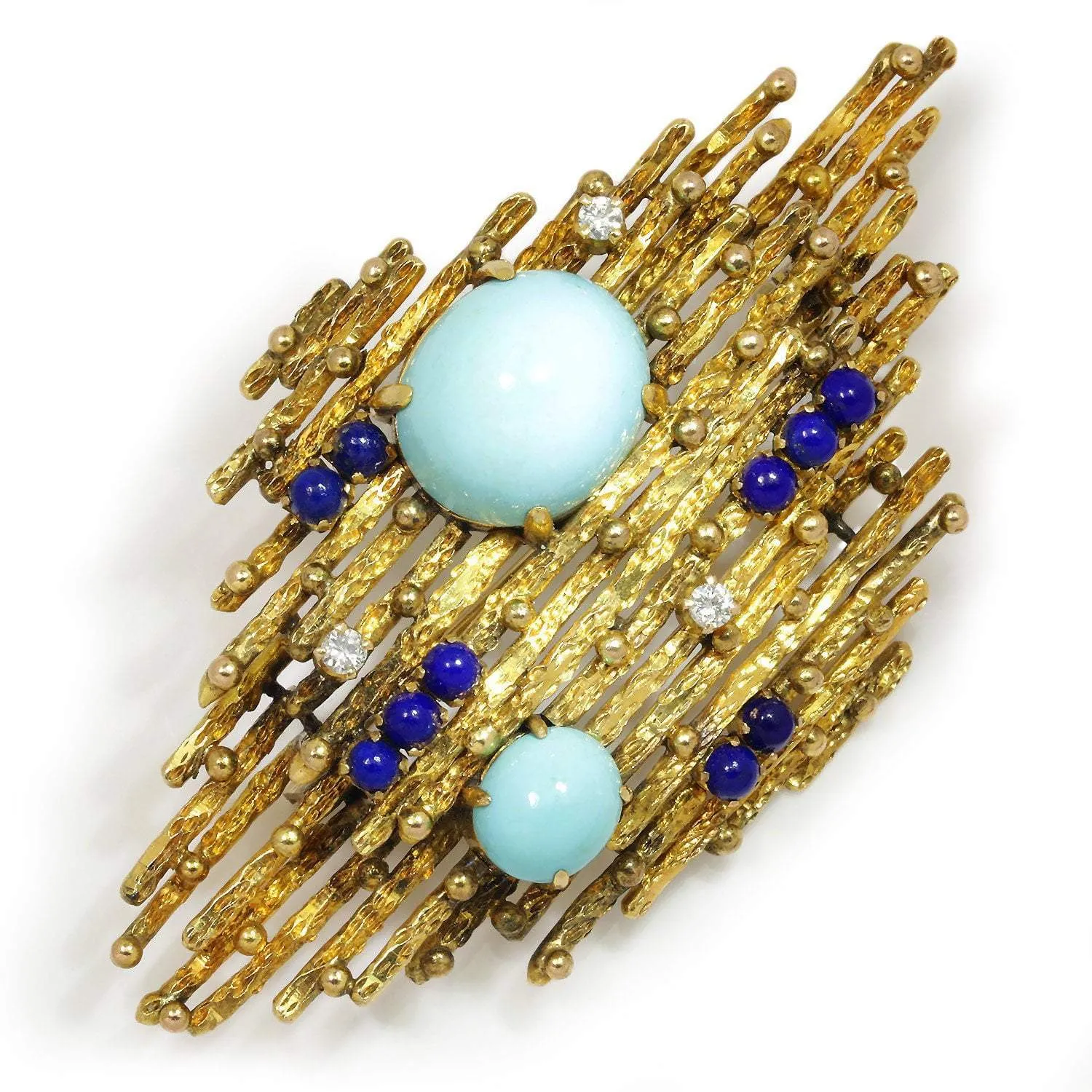 Vintage Turquoise & Lapis Brooch with Diamonds 14K Yellow Gold