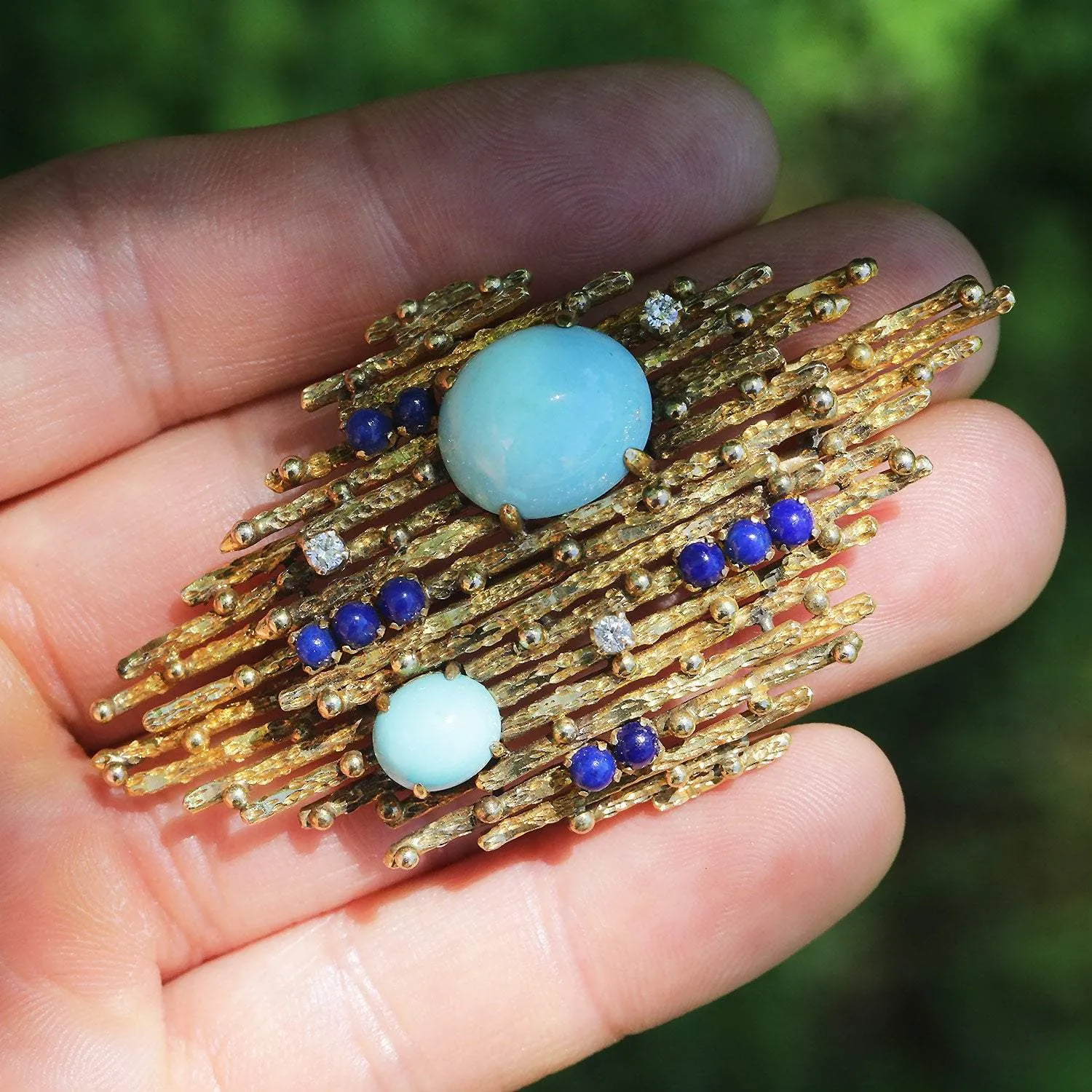 Vintage Turquoise & Lapis Brooch with Diamonds 14K Yellow Gold