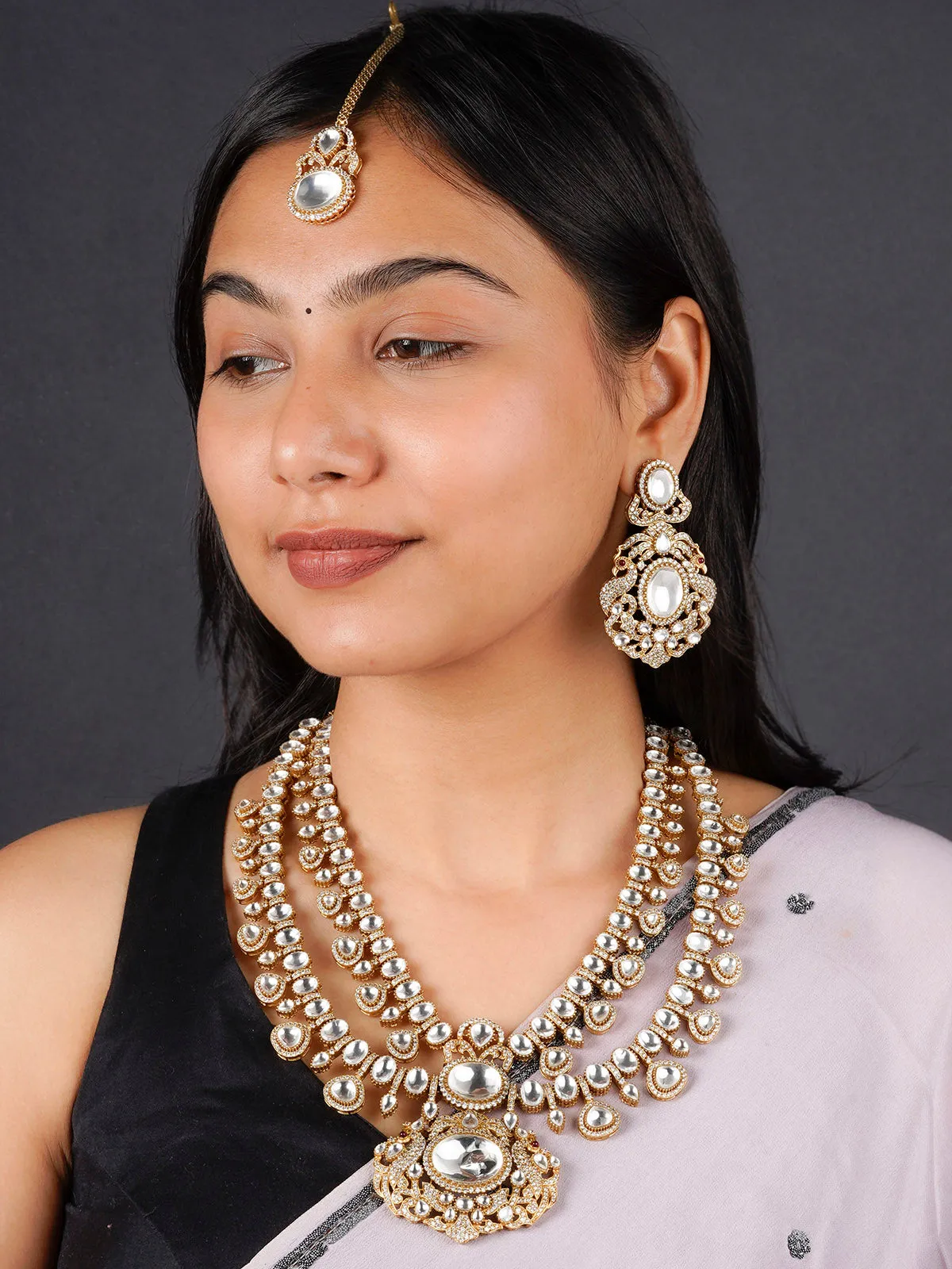 White Color Gold Plated Moissanite Bridal Necklace Set - MO-S69