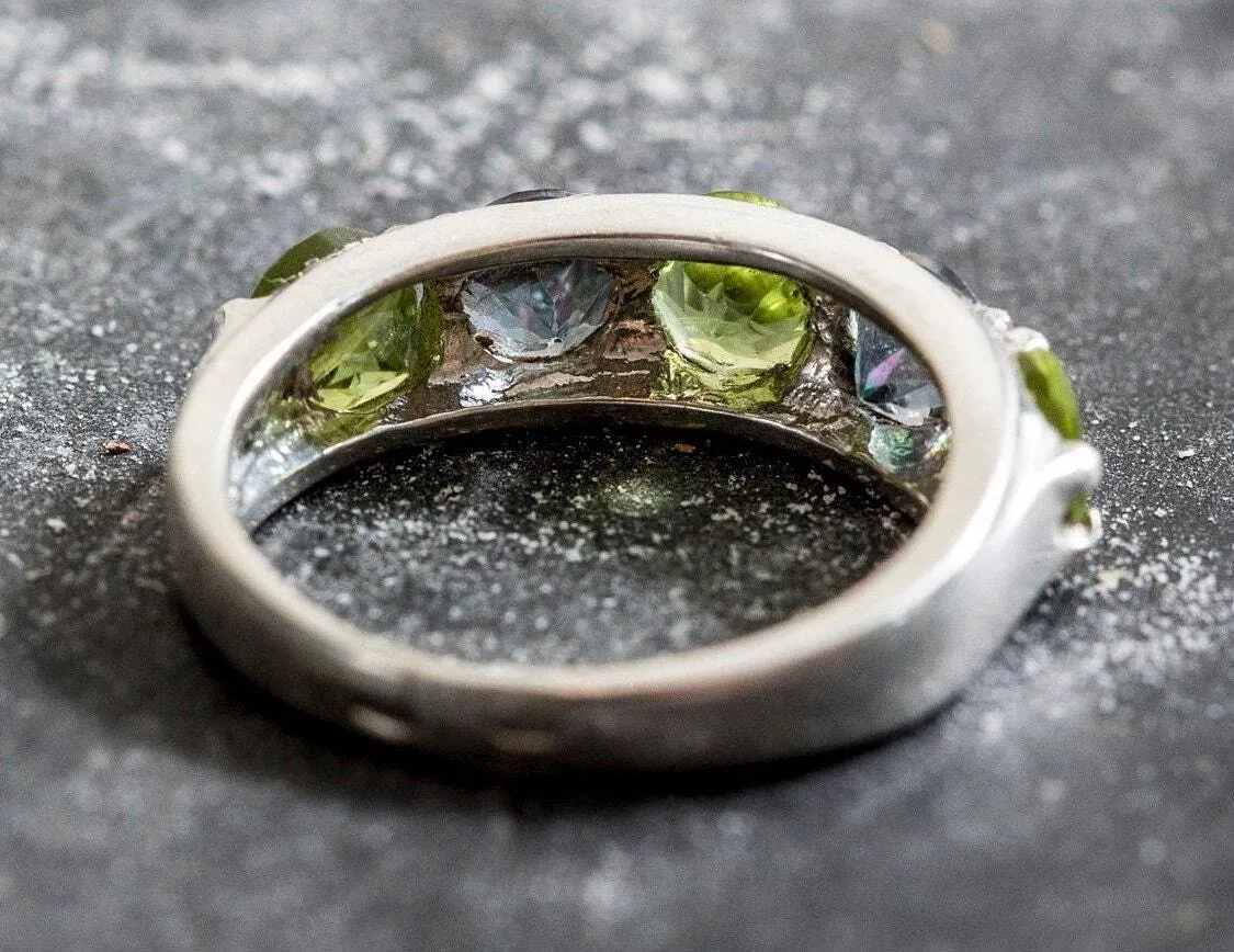 Wide Multistone Band - Mystic Topaz Ring - Green Peridot Ring